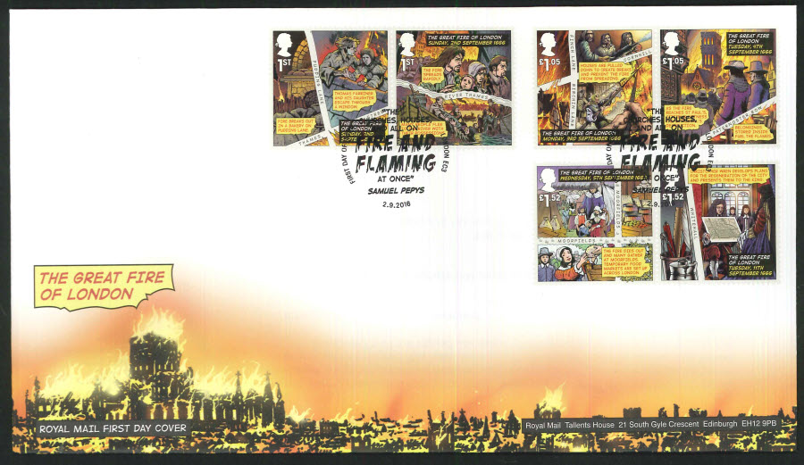 2016 - The Great Fire , First Day Cover, Pudding Lane London Pictorial Postmark